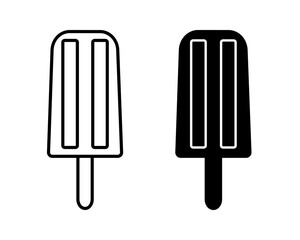 Simple popsicle icon and silhouette. Ice cream on stick isolated on white background. Summer freezy desert. Editable stroke. Vector graphic illustration.