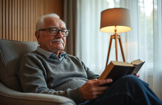 Mature man relaxing at home reading book. Senior male enjoys leisure time in comfort armchair. Thoughtful person with eyeglasses rests in living room. Elderly reads library novel.