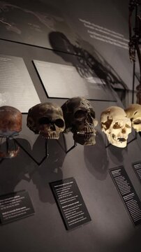 Vertical screen ancient hominid skulls displayed in museum exhibit showing human evolution stages anthropology research and archaeological discovery under educational lighting environment