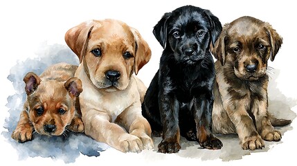 Obraz premium Watercolor realistic close-up of multiple puppy breeds sitting together Home and Nursery Decor Digital Art and Print Bundles
