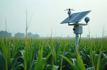 Automated weather station with solar panel sits in rich green cornfield. Device collects climate data for smart farming and precision agriculture. Monitors temp humidity wind.