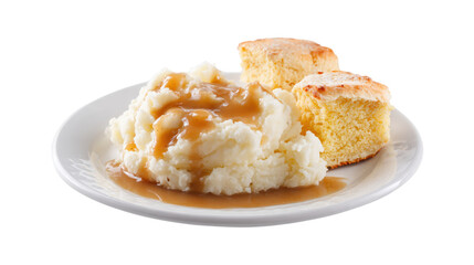 Mashed potatoes with gravy and cornbread isolated on a transparent background