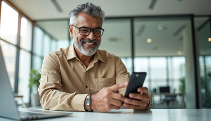 Happy middle aged businessman using smartphone in modern office. Smiling mature manager holding mobile phone, working on laptop at desk. Professional latin boss browsing internet, checks email on