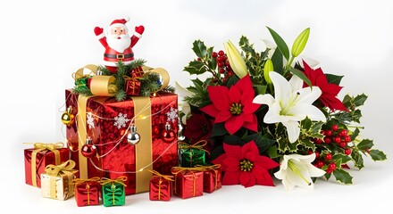 Christmas gifts and poinsettia flower arrangement for holiday celebrations on transparent background