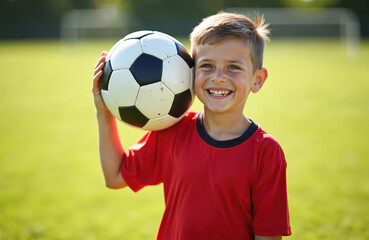 Cheerful young soccer player smiles outdoors on grass. Boy holds ball on shoulder in red uniform. Portrait of happy school kid with football at sport training.