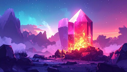 Flat art: A rare gemstone icon emerging from a blockchain block. Symbolizing the creation of unique digital collectibles (NFTs)