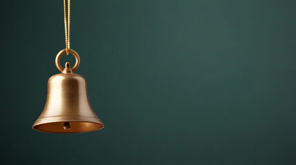 Obraz premium Hanging golden bell against a dark green background, creating a simple yet striking composition. The bell is suspended by a delicate golden chain.