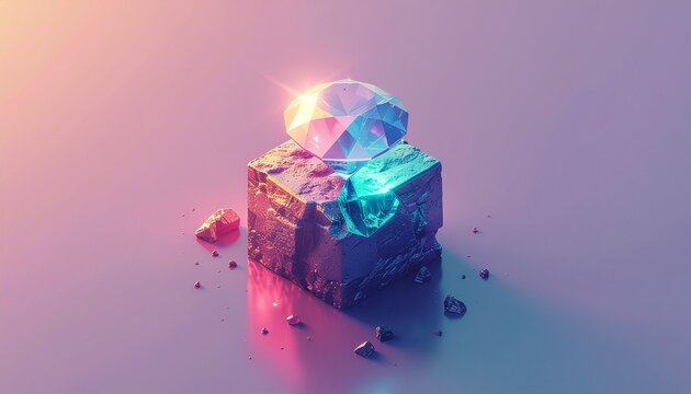 Flat art: A rare gemstone icon emerging from a blockchain block. Symbolizing the creation of unique digital collectibles (NFTs)