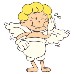 Cute Baby Angel Character With Blonde Curly Hair And White Wings Wears A Diaper And Holds His Cheek Looking Embarrassed And Sweaty In A Cartoon Style
