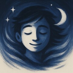 Sleeping face with moon and stars brushstroke
