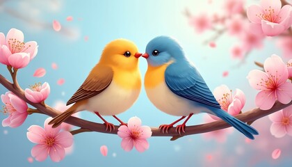 Two cute birds sit on a branch with pink sakura flowers. Pair of adorable cartoon birds tenderly touch their beaks in love. Spring blossom background. Spring holiday greeting card. Love concept.