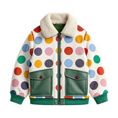 Colorful Polka Dot Sherpa Fleece Kids Jacket with Green Pockets and Striped Hem – Front View