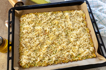 Step-by-step cooking recipe zucchini roll with mushroom filling.