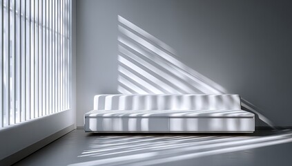 Fototapeta premium Modern white sofa in a minimalist room with sunlight through blinds.