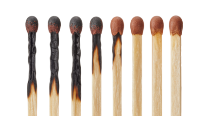 Six matchsticks showing burning stages isolated on a transparent background
