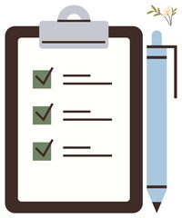 Clipboard with checklist and green checkmarks next to completed tasks, accompanied by a blue pen and small floral design. Ideal for productivity, organization, planning, time management, work habits