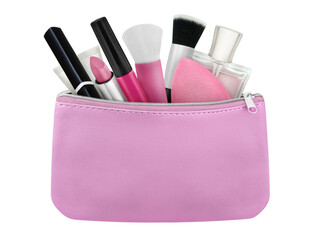 Pink cosmetic bag and make up products isolated on white background