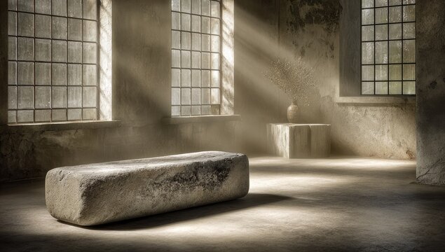 Stone slab rests in a dusty room with sunlight streaming through windows. - Powered by Adobe