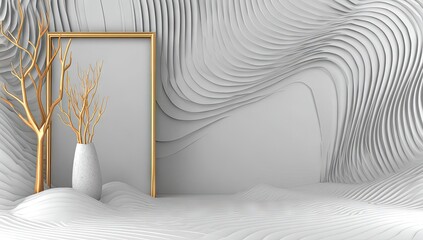 Minimalist golden frame and branches display on white wavy background.