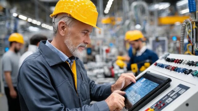 Precision in Progress: A seasoned engineer meticulously monitors machinery controls within a bustling industrial setting, exemplifying expertise and diligent attention.