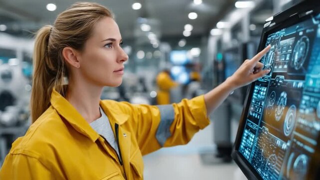 Tech-savvy Professional in Action: A focused and competent individual in a high-tech industrial setting interacting with an interactive touch screen display.