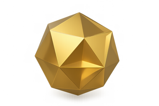 Golden icosahedron polyhedron, geometric abstract shape, luxury 3d rendering with shiny metallic surface on transparent background