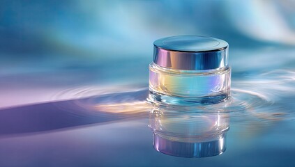 Elegant Glass Cosmetic Jar on a Reflective Surface.