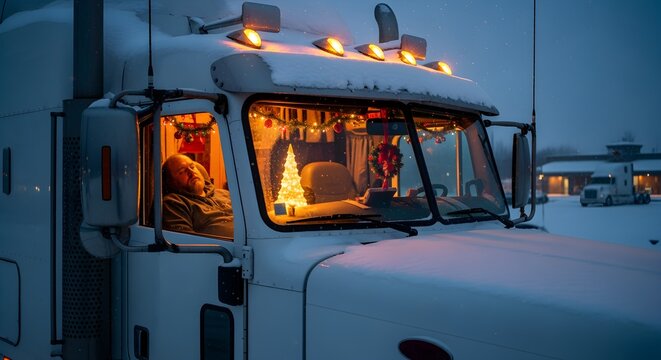 Snowy night outside a parked semi-truck, a lone driver enjoys a festive and cozy cabin interior illuminated by a small Christmas tree and twinkling holiday lights