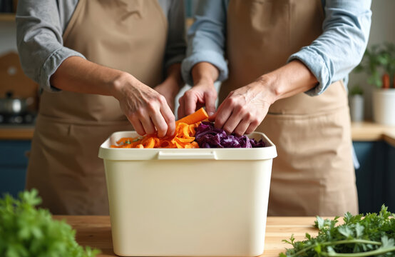 Elderly couple sort vegetable scraps into compost bin in kitchen. People practice eco friendly waste management at home. Couple reduce food waste for garden soil. - Powered by Adobe