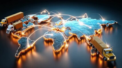 Global Freight Network: The world map glows with digital networks as freight trucks travel across continents, representing international shipping, trade, and logistics. - Powered by Adobe