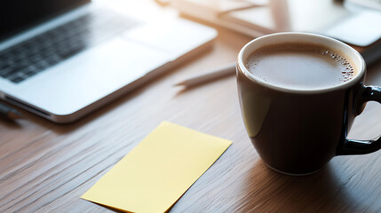 Workspace ambiance. Laptop, sticky notes and a warm cup on a wooden desk for a focused and productive day. Morning sunlight reflecting on the table. Start your day right.