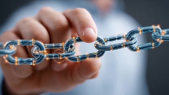 Interlocking Chain Concept: A close-up shot of a hand gracefully holding a segment of a metallic chain, illustrating the idea of connectivity, strength, and interdependence.