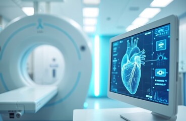 Modern CT scanner in hospital room. Computer screen displays heart diagnostics info graphic. Blue light illuminates medical equipment in clinic. Innovation in healthcare, cardiology research and tech.