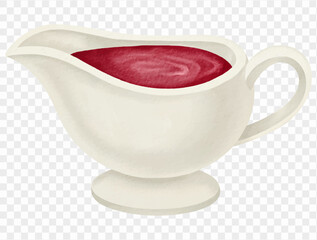 Watercolor gravy boat with brown sauce for Thanksgiving dinner illustration. Vector.