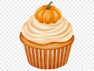 Watercolor pumpkin cupcake with frosting for Thanksgiving dessert design. Vector.