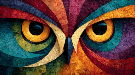 Colorful abstract owl eyes close-up in textured oil painting