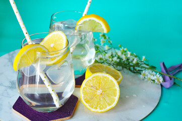 Glasses of  Lemon Water with Fresh Sliced Lemon