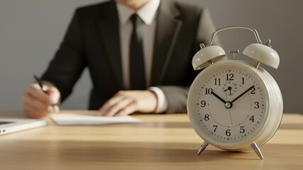 Businessman writing with alarm clock for deadline focus. - Powered by Adobe