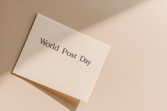 Celebrate global communication with a simple card stating "World Post Day," casting shadows on a neutral backdrop, emphasizing the importance of postal services worldwide.