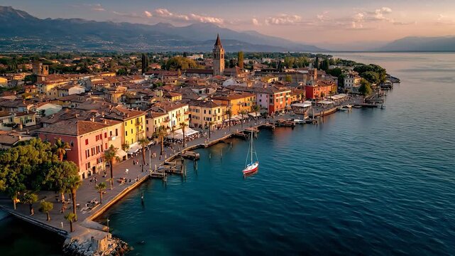 In a picturesque lakeside town, colorful buildings line the waterfront as families enjoy the scenery in the warm sunlight. The charming waterfront attracts visitors and locals rela