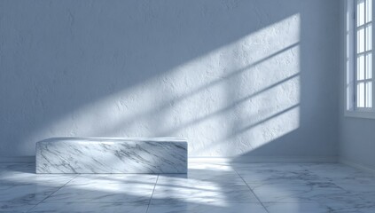 Marble display platform receives dappled sunlight through window blinds.