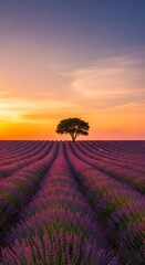A vibrant purple lavender field in rural Provence, France, bathed in the warm glow of the summer sunset sky