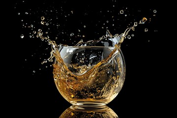 Glass bowl with splash liquid and flying glass shards.