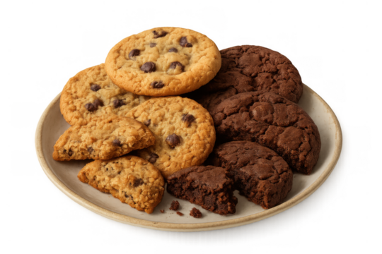 Plate of assorted cookies with chocolate chips and cocoa flavor, a classic sweet treat or snack on transparent background