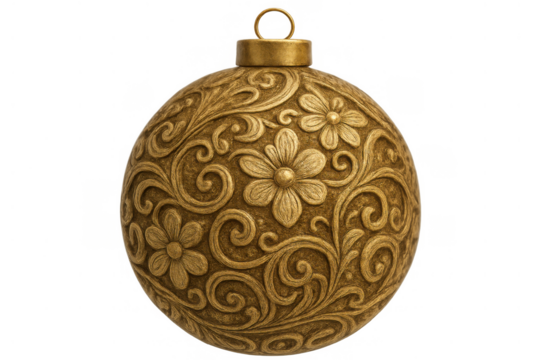 Ornate gold bauble featuring floral scrollwork design, a vintage christmas ornament for festive holiday decor