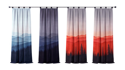 Gradient Landscape Curtain Panels with Mountain and Forest Silhouettes in Blue, Gray, and Red Tones