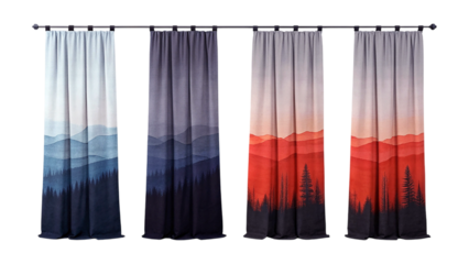 Gradient Landscape Curtain Panels with Mountain and Forest Silhouettes in Blue, Gray, and Red Tones