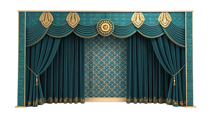 Luxurious Teal and Gold Ornate Stage with Draped Curtains and Decorative Backdrop