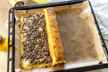 Step-by-step cooking recipe zucchini roll with mushroom filling.