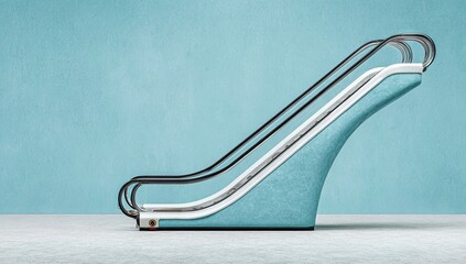 Modern escalator with blue textured wall and concrete floor.